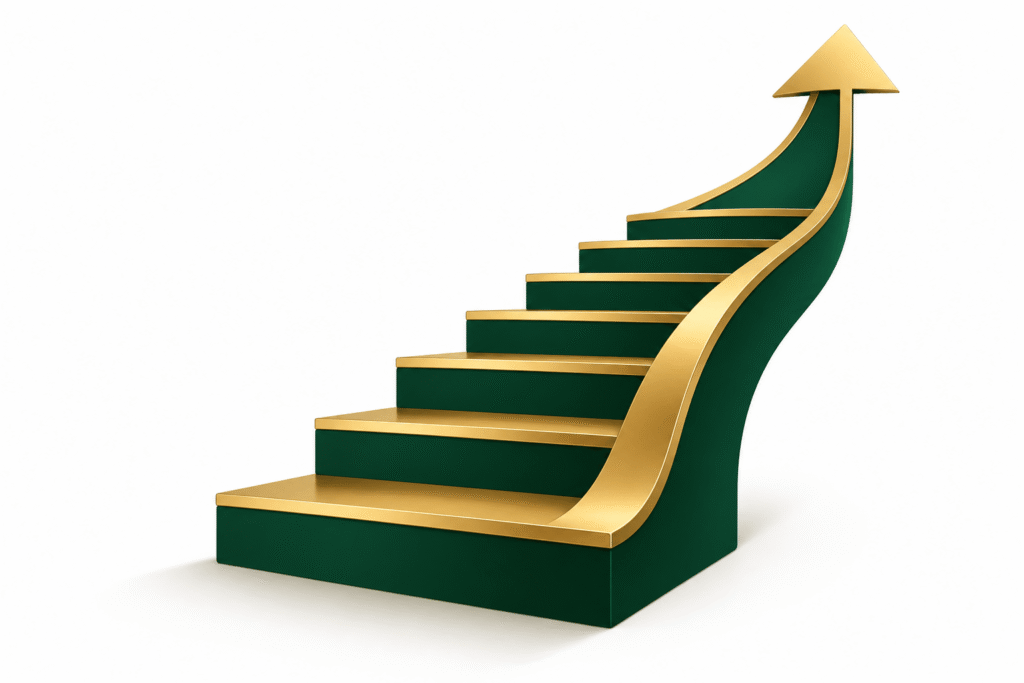 a simple, clean illustration of a staircase or upward path, in forest green and gold, no text, no people